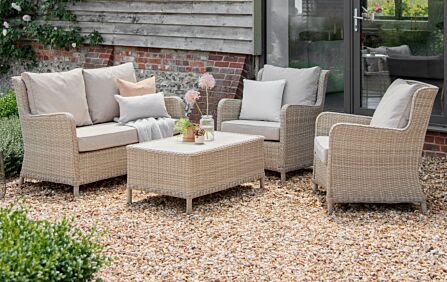 Bramblecrest Chedworth Garden 2 Seat Sofa with 2 Armchairs and Rectangle Coffee Table - Sandstone