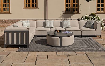 Maze Ibiza Large Corner Garden Sofa with Round Coffee Table & Footstools - Oatmeal Maze Ibiza Large Corner Garden Sofa with Round Coffee Table & Footstools - Oatmeal