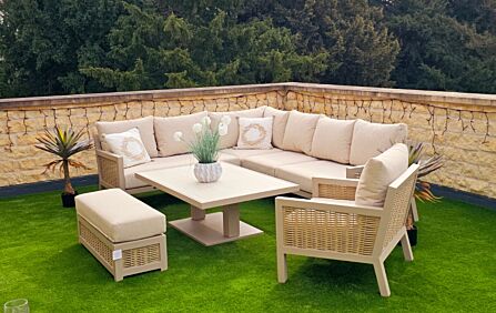 JB Furniture Conrad Large Rattan Corner Sofa with Adjustable Table and Armchair - Latte JB Furniture Conrad Large Rattan Corner Sofa with Adjustable Table and Armchair - Latte