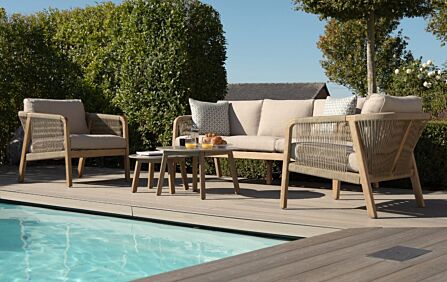 Maze Martinique 3 Seat Garden Furniture Sofa Set with Nest Tables - Light Brown Maze Martinique 3 Seat Garden Furniture Sofa Set with Nest Tables - Light Brown