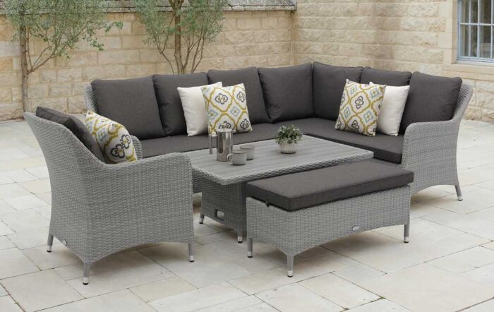 Bramblecrest Tetbury L-Shape Rattan Sofa with Rectangle Adjustable Tree-Free Table, Bench & Chair - Graphite