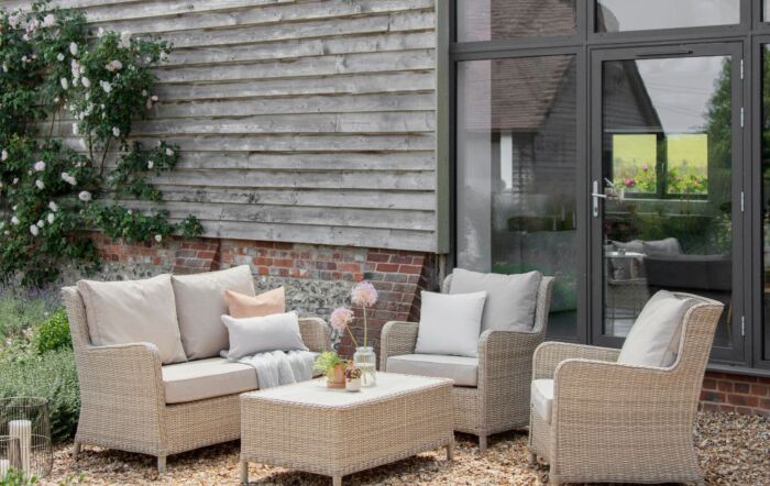 Bramblecrest Chedworth Garden 2 Seat Sofa with 2 Armchairs and Rectangle Coffee Table - Sandstone