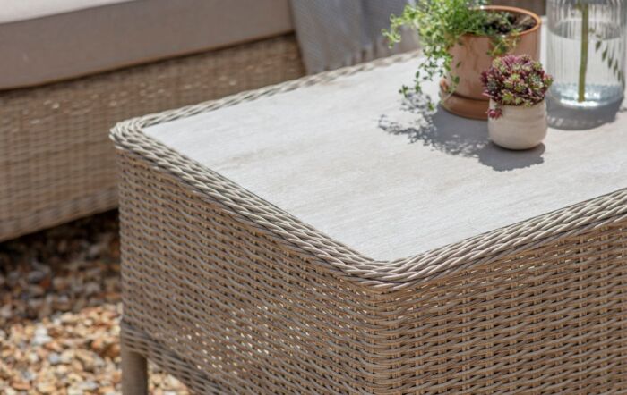 Bramblecrest Chedworth Garden 2 Seat Sofa with 2 Armchairs and Rectangle Coffee Table - Sandstone