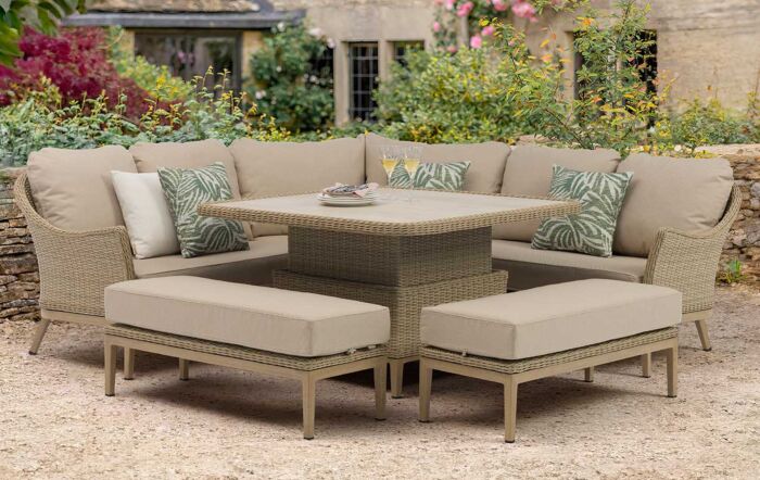 Bramblecrest Monterey Vogue Square Garden Sofa with Adj Piston Casual Dining Table & 2 Benches - Sandstone Bramblecrest Monterey Vogue Square Garden Sofa with Adj Piston Casual Dining Table & 2 Benches - Sandstone