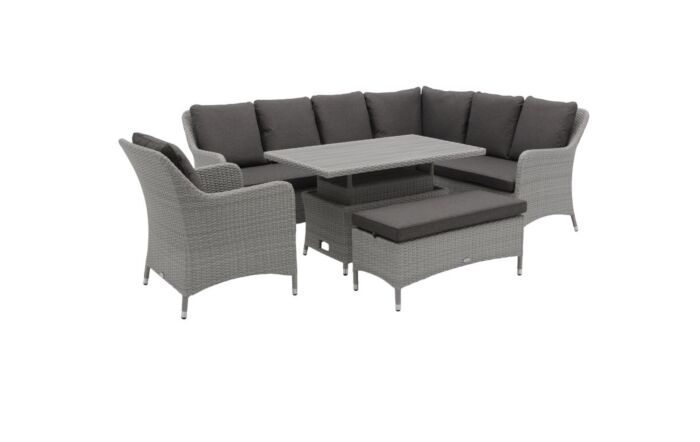 Bramblecrest Tetbury L-Shape Rattan Sofa with Rectangle Adjustable Tree-Free Table, Bench & Chair - Graphite