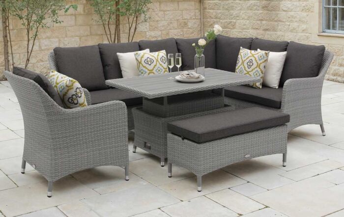 Bramblecrest Tetbury L-Shape Rattan Sofa with Rectangle Adjustable Tree-Free Table, Bench & Chair - Graphite