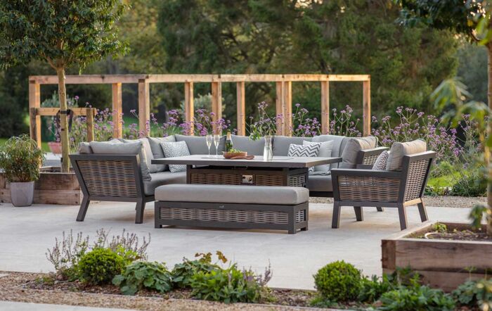 Bramblecrest Tuscan Garden Corner Sofa Set with Rectangle Firepit Table, Bench & Chair