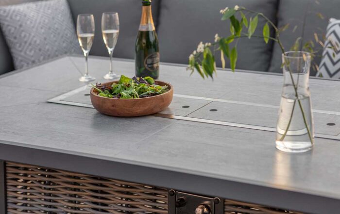 Bramblecrest Tuscan Garden Corner Sofa Set with Rectangle Firepit Table, Bench & Chair