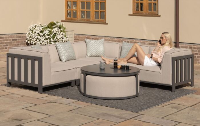 Maze Ibiza Small Outdoor Corner Sofa with Round Coffee Table and Footstools - Oatmeal