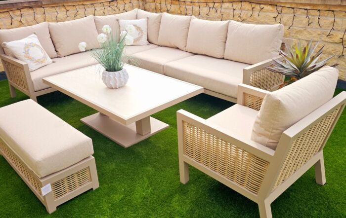 JB Furniture Conrad Large Rattan Corner Sofa Set with Adjustable Table, Bench & Armchair - Latte