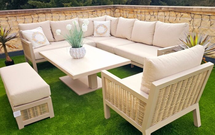 JB Furniture Conrad Large Rattan Corner Sofa Set with Adjustable Table, Bench & Armchair - Latte