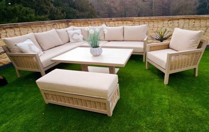 JB Furniture Conrad Large Rattan Corner Sofa with Adjustable Table and Armchair - Latte JB Furniture Conrad Large Rattan Corner Sofa with Adjustable Table and Armchair - Latte