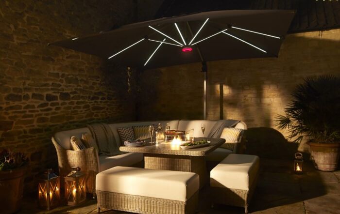 Bramblecrest Truro 3M Square LED Parasol Grey Including Granite Base -  FREE cover