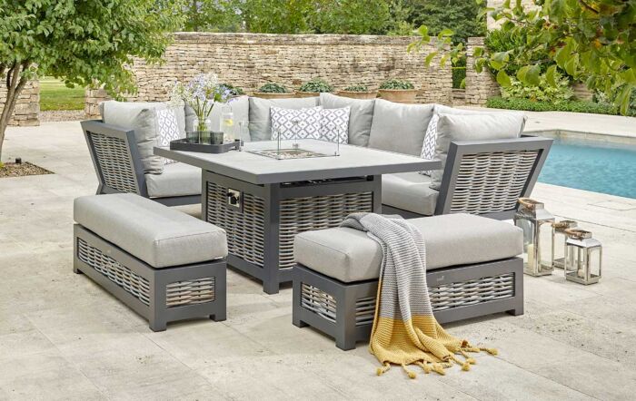Bramblecrest Tuscan Garden Corner Sofa Set with Firepit Table - Grey